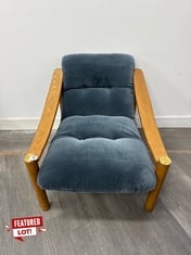 KARINNE ARMCHAIR IN MIDTONE OAK ANND GREY BLUE VELVET - RRP £995 (COLLECTION OR OPTIONAL DELIVERY)