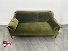 ATLANTA 3 SEATER SOFA IN VELVET OLIVE WITH SOLID OAK BASE - RRP £2,795 (COLLECTION OR OPTIONAL DELIVERY)