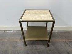 PORTNALL SIDE TABLE IN ANTIQUE BRASS WITH TRAVERTINE TOP - RRP £239 (COLLECTION OR OPTIONAL DELIVERY)