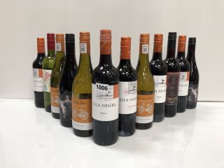 12 X ASSORTED BOTTLES OF WINE TO INCLUDE ISLA NEGRA, EL NUBARRON, LACAZE, DE MARTINO AND CONO SUR (PLEASE NOTE: 18+YEARS ONLY. STRICTLY NO COURIER REQUESTS. COLLECTIONS MONDAY 29TH APRIL - FRIDAY 3RD