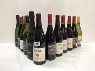 12 X ASSORTED BOTTLES OF WINE TO INCLUDE VILLEBOIS, AVERY'S, CREMANT D'ALSACE, DARNAULT + EASTHORPE, EVEILLER AND LOVE AT FIRST SIP (PLEASE NOTE: 18+YEARS ONLY. STRICTLY NO COURIER REQUESTS. COLLECTI