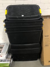 5 X ASSORTED STANLEY HEAVY DUTY TRUNKS IN BLACK TO INCLUDE 75LITRE TRUNK (COLLECTION OR OPTIONAL DELIVERY)