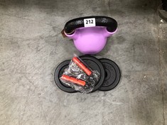 7 X ASSORTED FITNESS ITEMS TO INCLUDE 10KG KETTLE BELL WEIGHT IN PURPLE (COLLECTION OR OPTIONAL DELIVERY)