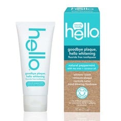 50 X HELLO GOODBYE PLAQUE PLUS WHITENING FLUORIDE-FREE TOOTHPASTE, NATURAL PEPPERMINT FLAVOUR, PEROXIDE FREE, 82 ML. (DELIVERY ONLY)