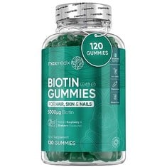 QUANTITY OF ASSORTED ITEMS TO INCLUDE BIOTIN GUMMIES 5000MCG - WITH VITAMIN A, B, C, D, E & SELENIUM – 120 HAIR NAILS AND SKIN VITAMINS GUMMIES – NATURAL BERRY FLAVOUR VITAMIN B7 GUMMIES- LAB-TESTED