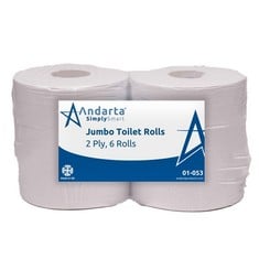 4 X ASSORTED ITEMS TO INCLUDE ANDARTA 2PLY 300M 76MM CORE WHITE JUMBO TOILET ROLL (6 PACK) HIGH CAPACITY TOILET ROLL | 1500 SHEETS PER PACK. (DELIVERY ONLY)