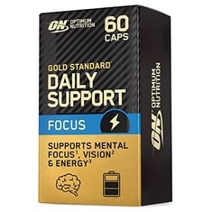 BOX OF ASSORTED ITEMS TO INCLUDE OPTIMUM NUTRITION GOLD STANDARD DAILY SUPPORT FOCUS, FOOD SUPPLEMENTS FOR ADULTS, CAFFEINE CAPSULESWITH VITAMINS D, A, B AND PLANT EXTRACTS, SUITABLE FOR VEGETARIANS,