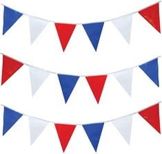 66 X 25M RED WHITE AND BLUE BUNTING GARLAND UNION JACK BANNER PARTY DECORATIONS SUPPLIES SPORTING EVENTS PUB BBQ ROYAL THEME FRENCH USA 50 FLAGS. (DELIVERY ONLY)