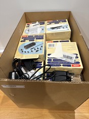 LOGIK BOX OF ASSORTED ITEMS TO INCLUDE EXTENSION CABLES AND POWER ADAPTERS CHARGING ACCESSORIES IN BLACK AND WHITE. (WITH BOX) [JPTC66356] (DELIVERY ONLY)