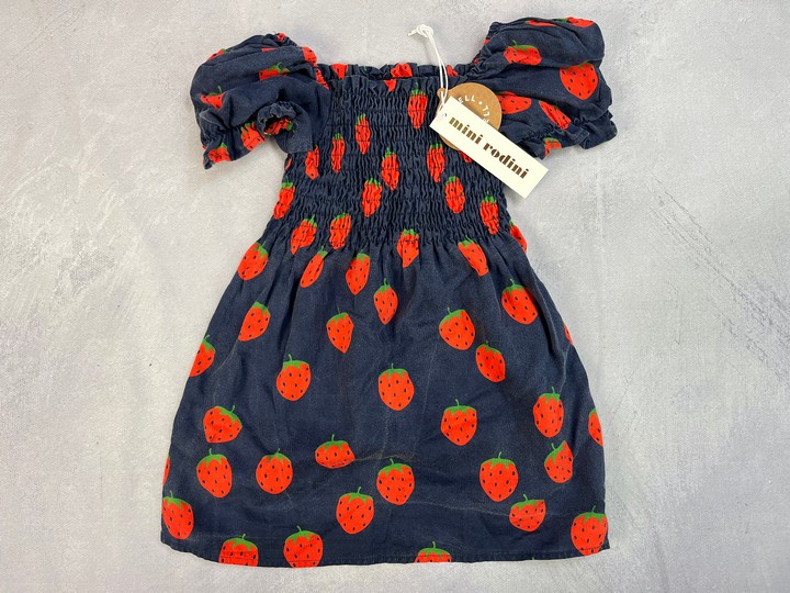 Mini Rodini Girls Strawberry Print Dress In Navy 92/98