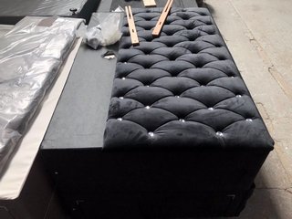 DOUBLE BED DEEP DIVAN BED BASE IN BLACK FABRIC WITH BLACK HEADBOARD WITH GEM STYLE BUTTONS: LOCATION - B5