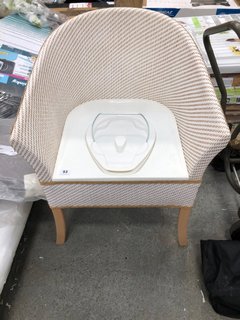 TAN/WHITE WICKER CHAIR COMMODE TOILET WITH CARRY BUCKET: LOCATION - B2