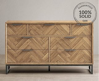 HERRINGBONE SOLID OAK 3 OVER 4 WIDE CHEST OF DRAWERS - RRP £849: LOCATION - B5