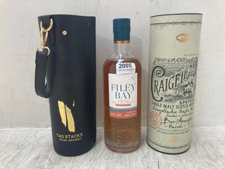 (COLLECTION ONLY) FILEY BAY YORKSHIRE SINGLE MALT WHISKY VOL: 46% TO INCLUDE TWO STACKS IRISH WHISKY AGED 7 YEARS VOL: 56.5% & CRAIGELLACHIE AGED 13 YEARS SINGLE MALT SCOTCH WHISKY VOL: 46% (PLEASE N