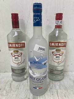 (COLLECTION ONLY) GREY GOOSE VODKA VOL: 40% TO INCLUDE 2 X SMIRNOFF RECIPE NO 21 VODKA VOL: 37.5% (PLEASE NOTE: 18+YEARS ONLY. ID MAY BE REQUIRED): LOCATION - BR2