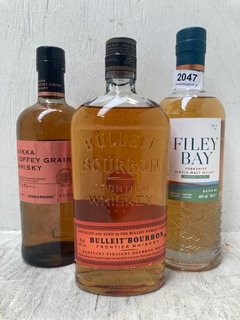 (COLLECTION ONLY) FILEY BAY YORKSHIRE SINGLE MALT WHISKY 70CL VOL: 46% TO INCLUDE BULLEIT BOURBON FRONTIER WHISKY 70CL VOL: 45% & NIKKA COFFEY GRAIN WHISKY 70CL VOL: 45% (PLEASE NOTE: 18+YEARS ONLY.