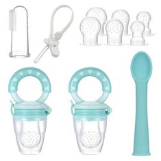 7 X BABY FRUIT FEEDER - 2 BABY FOOD FEEDER + 6 BPA FREE SILICONE TEATS FROM KIDS 3-24 MONTHS + SPOON + PACIFIER CLIP - FRUIT FEEDER FOR BABIES AIDS IN FOOD DIVERSIFICATION - BABY FEEDER SOOTHES THE G