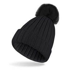 17 X WLLHYF WINTER HATS FOR WOMEN, LADIES WARM CHUNKY SOFT CABLE KNIT HAT WITH PLUSH POM POMS WOOLLY KNITTED BEANIE HAT FOR AUTUMN AND WINTER , BLACK  - TOTAL RRP £117: LOCATION - A
