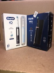 QTY OF ITEMS TO INCLUDE ORAL-B IO3 2 X ELECTRIC TOOTHBRUSHES FOR ADULTS, MOTHERS DAY GIFTS FOR HER / HIM, 2 TOOTHBRUSH HEADS & 1 TRAVEL CASE, 3 MODES WITH TEETH WHITENING, 2 PIN UK PLUG, BLACK & BLUE