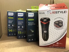 QTY OF ITEMS TO INCLUDE REMINGTON R3 MENS ELECTRIC ROTARY SHAVER (DRY SHAVE, CORDED USAGE, PIVOTING NECK, POP UP DETAIL TRIMMER, 3 DAY STUBBLE STYLER GUARD, DUAL TRACK BLADES, CLEANING BRUSH) R3000: