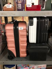QTY OF ITEMS TO INCLUDE PINK HARDSHELL CABIN MAX SMALL TRAVEL CASE WITH HANDLE AND WHEELS: LOCATION - RACK E