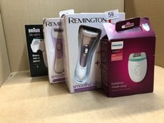 QTY OF ITEMS TO INCLUDE REMINGTON WET & DRY SHOWERPROOF ELECTRIC CORDLESS LADY SHAVER FOR WOMEN WITH BIKINI ATTACHMENT, CHARGE STAND, STORAGE POUCH & CLEANING BRUSH, MOISTURISING STRIP WITH ALOE VERA