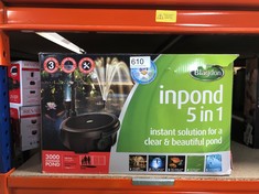 QTY OF ITEMS TO INCLUDE BLAGDON INPOND 5-IN-1 3000 EASY CARE CLEAN POND SOLUTION, 10W POND PUMP & FILTER WITH UV CLARIFIER FOR ALGAE CONTROL AND CLEAR WATER, LED LIGHT, 3 FOUNTAIN HEADS, FOR PONDS UP
