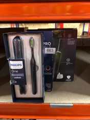 QTY OF ITEMS TO INCLUDE PHILIPS ONE BATTERY TOOTHBRUSH - ELECTRIC TOOTHBRUSH IN MIDNIGHT BLUE (MODEL HY1100/04): LOCATION - RACK E