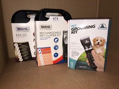 QTY OF ITEMS TO INCLUDE WAHL DOG CLIPPERS, KMSS PREMIUM DOG GROOMING KIT, FULL COAT DOG GROOMING CLIPPERS FOR ALL COAT TYPES, LOW NOISE, CORDED PET CLIPPERS, GROOM PETS AT HOME: LOCATION - RACK E