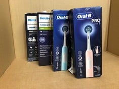 QTY OF ITEMS TO INCLUDE ORAL-B PRO 1 ELECTRIC TOOTHBRUSHES FOR ADULTS WITH 3D CLEANING, GIFTS FOR WOMEN / MEN, 1 TOOTHBRUSH HEAD, GUM PRESSURE CONTROL, 2 PIN UK PLUG, PINK: LOCATION - RACK A