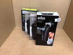 QTY OF ITEMS TO INCLUDE BRAUN BODY GROOMER 3, MANSCAPING TOOL FOR MEN WITH SKINSHIELD TECHNOLOGY, SENSITIVE COMB, WET & DRY, 100% WATERPROOF, UK 2 PIN PLUG, BG3350, BLACK/GREY: LOCATION - RACK A