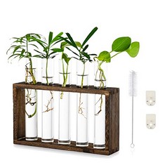 10 X WALL HANGING GLASS PLANTER PROPAGATION STATION MODERN WALL MOUNTED 5 TEST TUBE FLOWER BUD VASE IN WOOD STAND RACK TABLETOP TERRARIUM FOR HYDROPONIC PLANTS CUTTINGS OFFICE HOME DECORATION - TOTAL