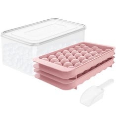 8 X ROUND ICE CUBE TRAY WITH LID ICE BALL MAKER MOLD FOR FREEZER WITH CONTAINER MINI CIRCLE ICE CUBE TRAY MAKING 66PCS SPHERE ICE CHILLING COCKTAIL WHISKEY TEA COFFEE(2 PINK TRAYS 1 ICE BUCKET & SCOO