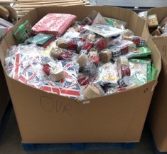 PALLET OF ASSORTED ITEMS TO INCLUDE STMK 3 ROLLS OF WIRED RIBBON FOR DECORATIONS: LOCATION - BACK WALL(COLLECTION OR OPTIONAL DELIVERY AVAILABLE)