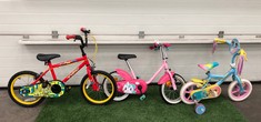 QTY OF KIDS BIKE TO INCLUDE GIRLS BTWIN UNICORN BIKE, SMALL, 14” WHEELS, SINGLE SPEED, AGES 2-4 : LOCATION - FLOOR(COLLECTION OR OPTIONAL DELIVERY AVAILABLE)