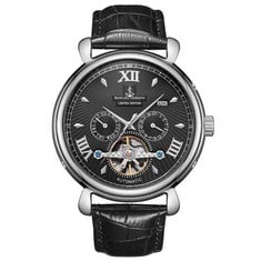 SAMUEL JOSEPH LIMITED EDITION STEEL & BLACK AUTOMATIC DESIGNER MENS WATCH - HAND ASSEMBLED - SKELETON CASE, 20 JEWELS AND A LUXURY GENUINE LEATHER STRAP - ROUND CASE - WATER RESISTANT £640 SKU:SJ0010