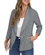 18 X CRECERELLE WOMENS BLAZER SUIT OPEN FRONT CARDIGAN RUCHED SLEEVE WORK OFFICE BLAZER JACKET WITH BUTTONS POCKETS (GREY, 12) - TOTAL RRP £375: LOCATION - A RACK