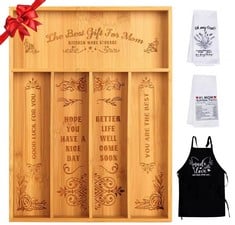 9 X JOESTAR 4 PCS MOTHERS DAY GIFTS BAMBOO CUTLERY TRAY- THE BEST GIFT FOR MUM- 14?X 11? DRAWER DIVIDERS UTENSIL HOLDER WITH ILLUSTRATED APRON TOWELS- MUM GIFTS FROM DAUGHTER SON - TOTAL RRP £128: LO