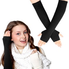 17 X ARM WARMERS LONG CASHMERE FINGERLESS GLOVES WRIST WARMERS ELBOW LADIES WOOL GLOVES THUMB HOLE KNITTED GLOVES CABLE FOR WOMEN (BLACK) - TOTAL RRP £135: LOCATION - C RACK