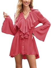 QTY OF ASSORTED ITEMS TO INCLUDE WOMENS BUTTON DOWN SHIRT RUFFLE DRESS. L. LIGHT RED. : LOCATION - D RACK