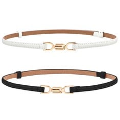 37 X ANDIBRO 2 PACK LEATHER SKINNY WOMEN BELT, ADJUSTABLE THIN WAIST BELTS WITH ALLOY BUCKLE WAISTBAND FOR JEANS PANTS DRESS(BLACK+CAMEL) - TOTAL RRP £188: LOCATION - E RACK