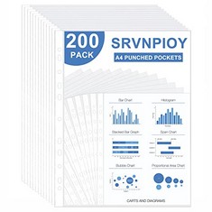 8 X SRVN PINOY PUNCHED POCKETS A4, 200 POLY POCKETS, 40 MICRON, PACK OF 200, A4 CLEAR PLASTIC PUNCHED POCKETS FOLDERS FILING WALLETS SLEEVES - TOTAL RRP £157: LOCATION - E RACK