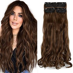 QTY OF ASSORTED ITEMS TO INCLUDE CLIP IN HAIR EXTENSIONS FOR WOMEN. BROWN. : LOCATION - F RACK