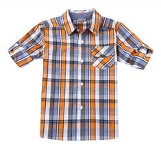 15 X BENZOE BOYS BUTTON UP SHIRT: KIDS PLAID ROLL UP COLLARED CASUAL COTTON SHIRTS 11/12 ORANGE/NAVY - TOTAL RRP £231: LOCATION - A RACK