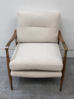 THEODORE ACCENT ARMCHAIR IN IVORY BOUCLE FABRIC AND OAK WITH BRASS ACCENT - RRP £995: LOCATION - D2