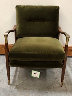 THEODORE ACCENT ARMCHAIR IN FOREST GREEN PLUSH VELVET AND WALNUT WITH BRASS ACCENT - RRP £995: LOCATION - D7