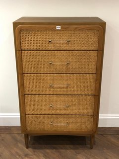 OSCAR TALL 5 DRAWER DRESSER IN CANE AND OAK - RRP £1605: LOCATION - D7