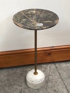 (COLLECTION ONLY) FLEET SMALL ROUND SIDE TABLE IN JURASSIC GREEN MARBLE, WHITE MARBLE AND BRASS - RRP £295: LOCATION - D7