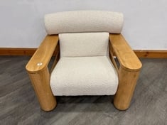 DILLON SOLID OAK FRAME WITH BRASS ASCENTS ARMCHAIR BOUCLE - RRP £895 (COLLECTION OR OPTIONAL DELIVERY)