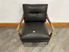 THEODORE HANDCRAFTED SOLID BIRCH FRAME ARMCHAIR WITH CAST BRASS DETAIL ARMS & UPHOLSTERED BLACK LEATHER - RRP £2,195 (COLLECTION OR OPTIONAL DELIVERY)